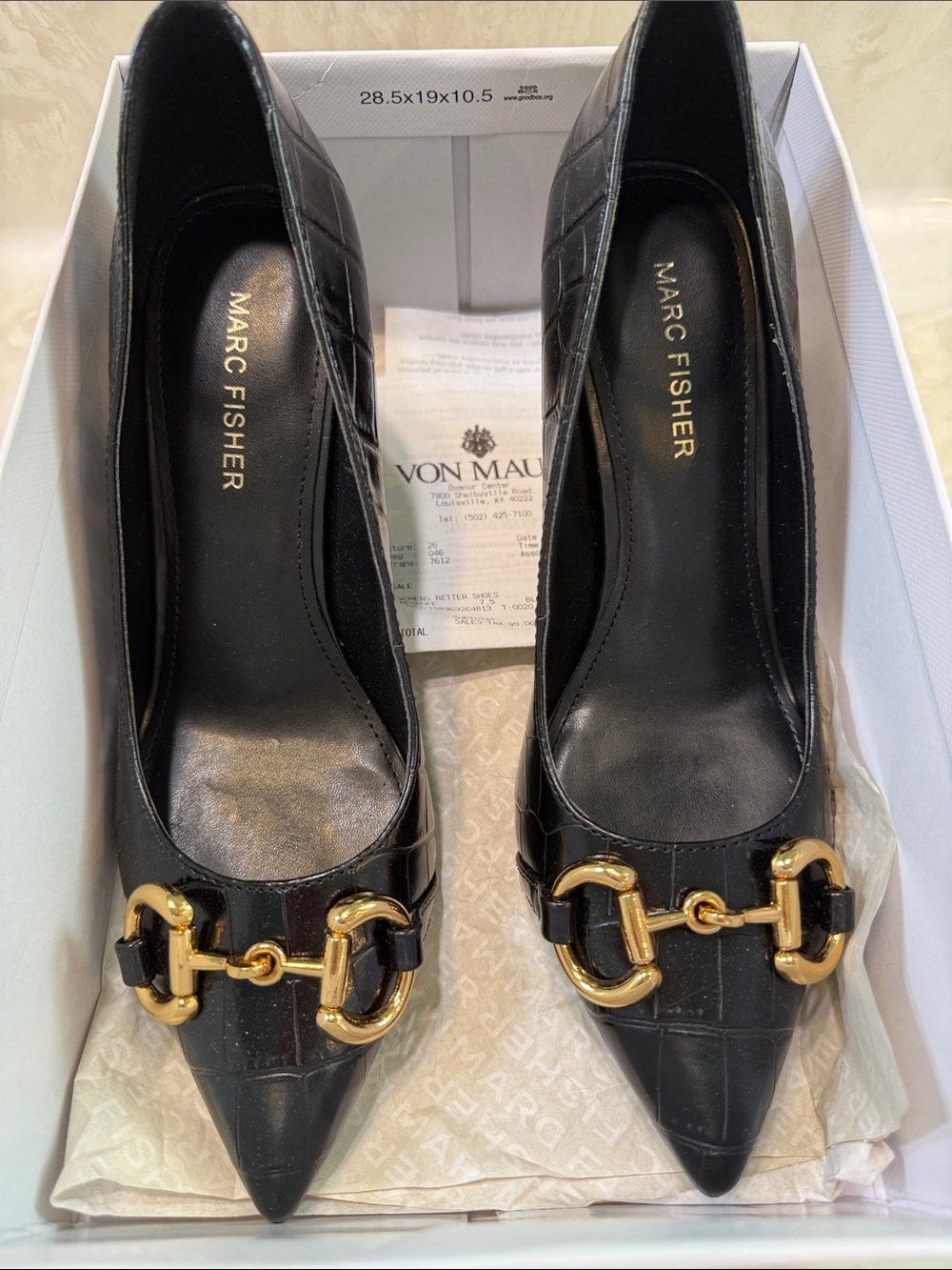 Marc Fisher Black Leather Pointed Toe Pumps with Gold Horsebit Accent